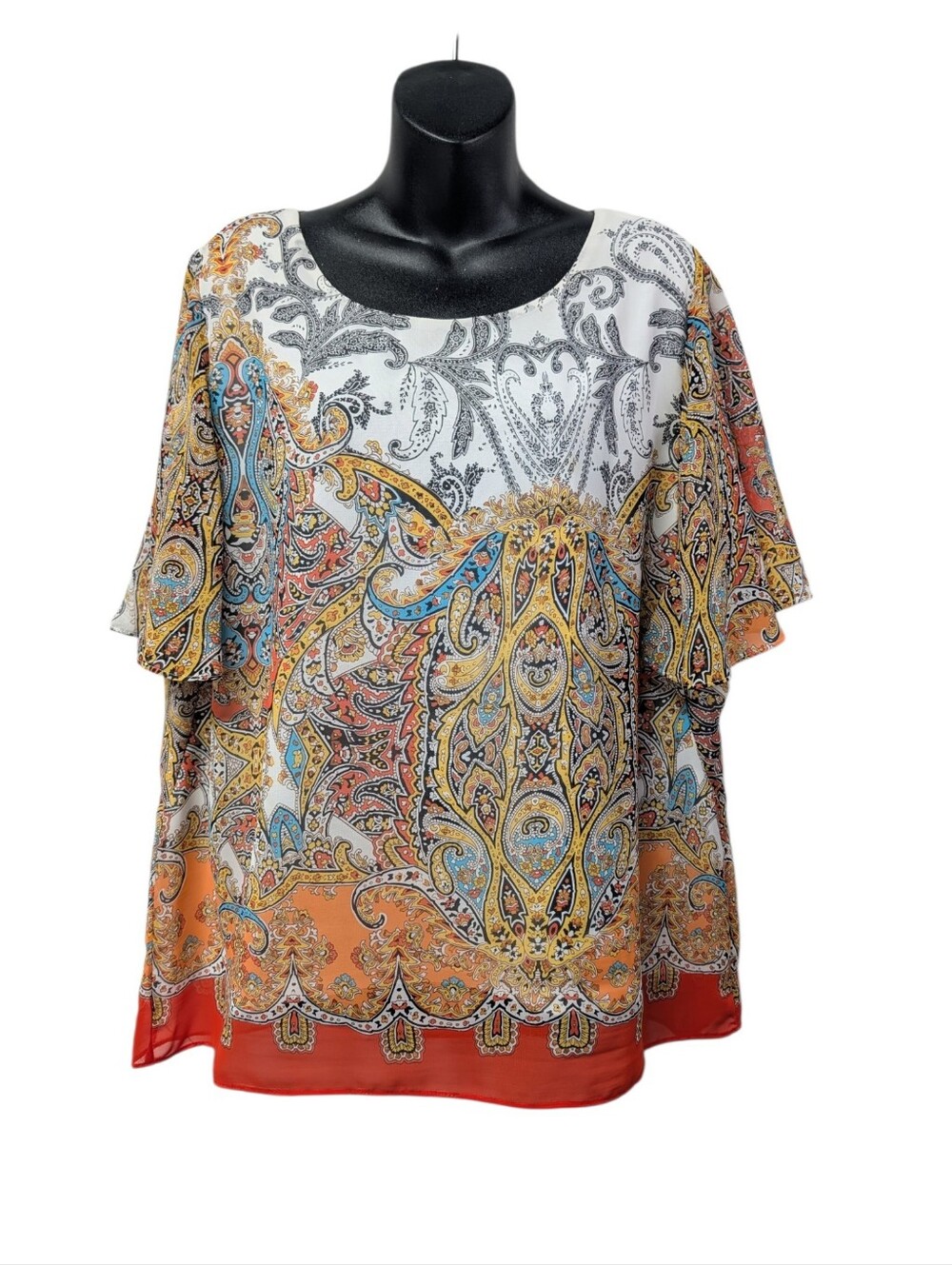 Roz & Ali Womens Paisley Chiffon Blouse XL Multicolor Scoop Neck Flutter Sleeve
